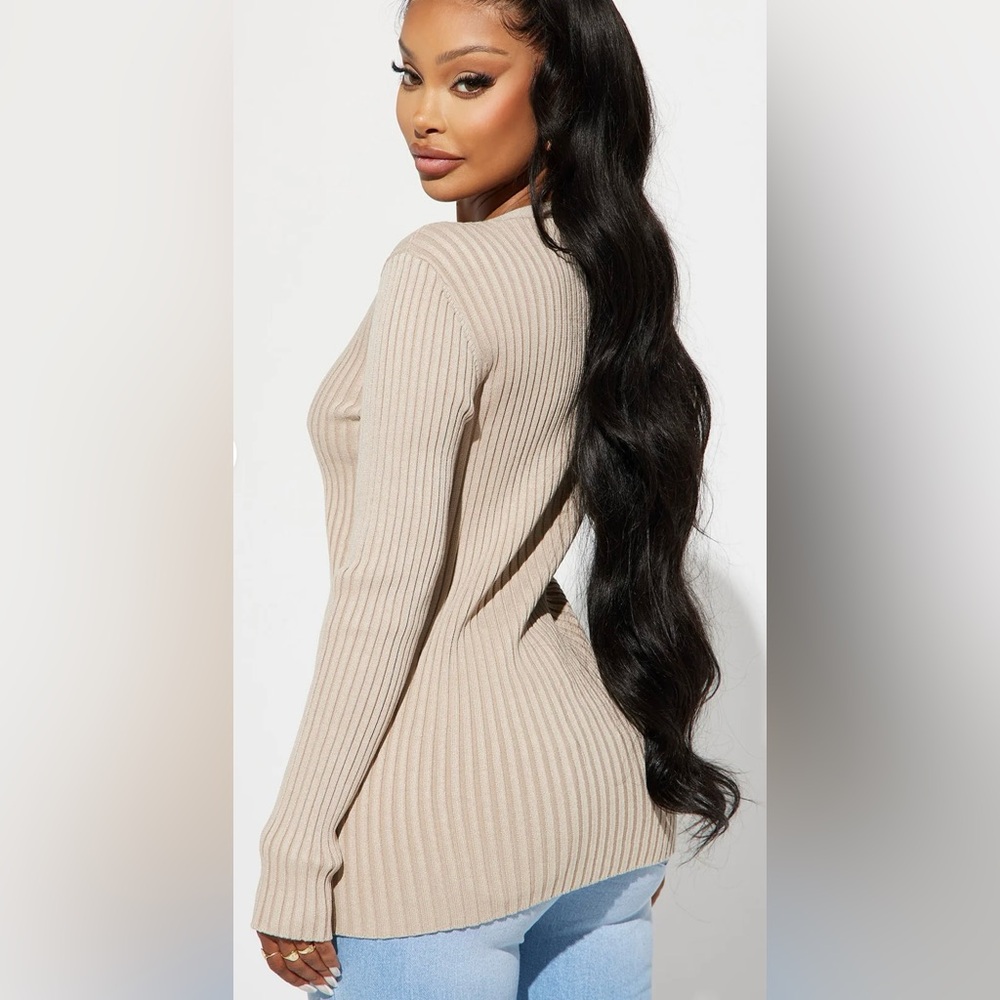 Beige Ribbed Button-Up Cardigan - Picture 3 of 3